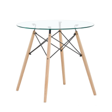 Tempered Glass Top and Wooden Legs Retangular  Dining Table